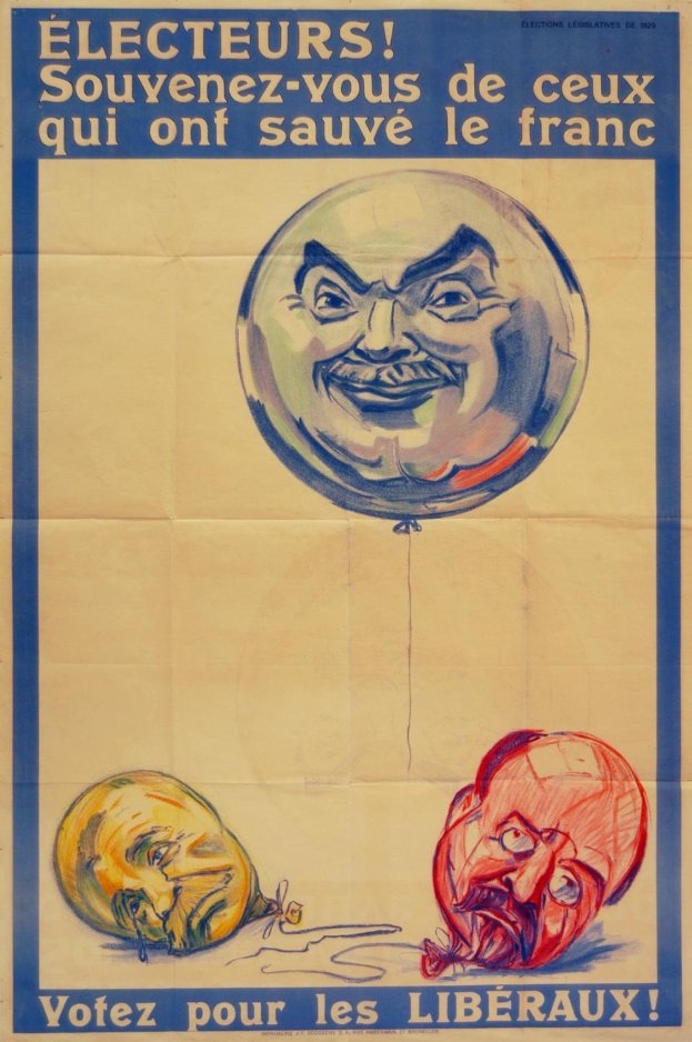 Ein französisches Wahlplakat aus den 1920er Jahren mit einem Mann, der ein Luftballon hält, und Text, der die Wähler daran erinnert, diejenigen zu wählen, die die französische Freiheit gerettet haben.