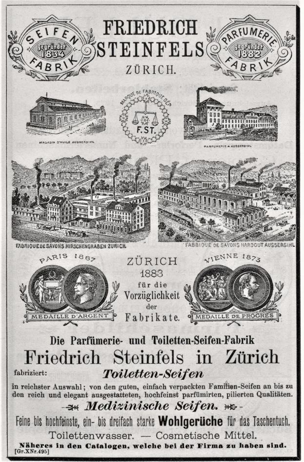 Alte Werbung für Friedrich Steinfels in Zürich mit Bildern von Gebäuden, Menschen und Text.