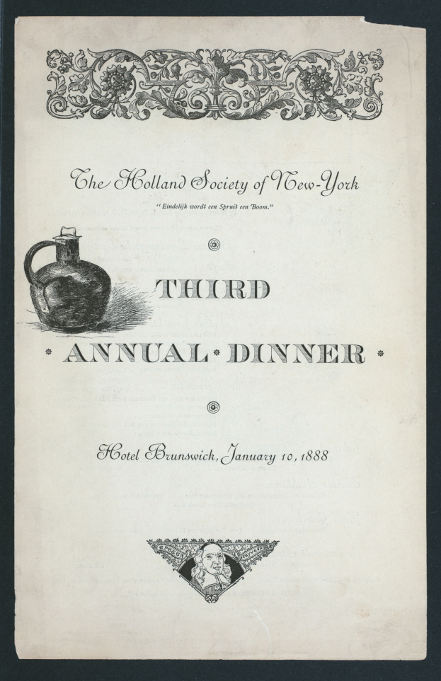 Ein altes Buchcover mit einem ernsten Mann im Anzug und Krawatte, mit dem Text "The Holland Society of New York Third Annual Dinner" und einem Design.