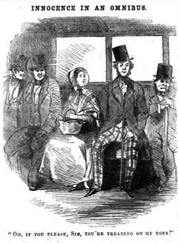 Eine Gruppe verzweifelter Menschen sitzt in einem Zug, mit einer Frau in langem Kleid und Hut in der Mitte, die einen Korb hält, während der Text oben und unten 'Unschuld in einer Omnibus' lautet.