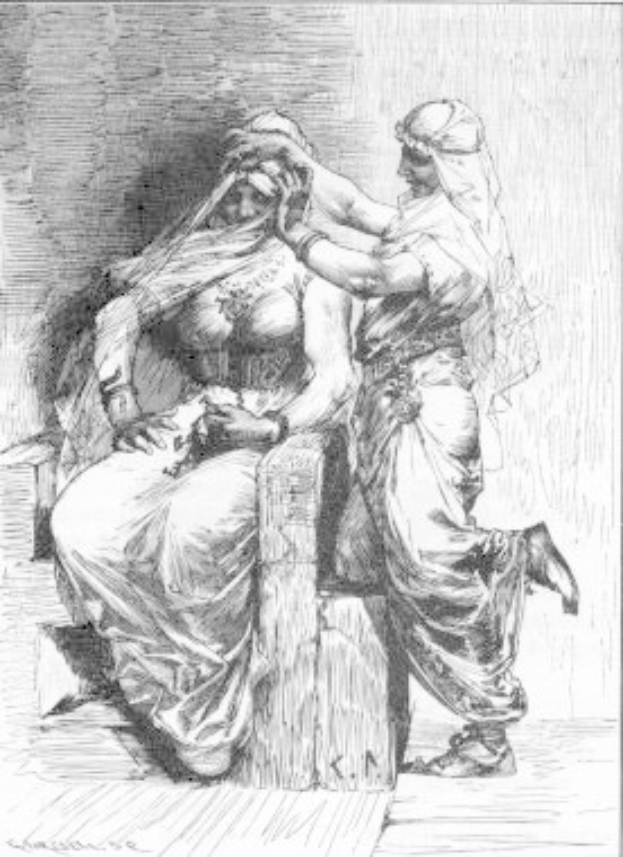 Eine Schwarz-Weiß-Zeichnung einer Frau in einem langen Kleid, die auf einer Bank sitzt und traurig schaut, mit einem Mann dahinter, der die Arme verschränkt, und einem Text unten mit der Aufschrift "Der Tod einer Frau".