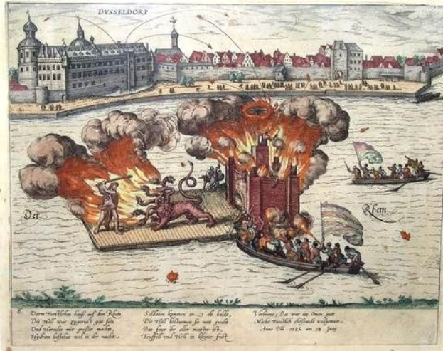 Gemälde zeigt die Belagerung von Dresden im Jahr 1685, mit einem Feuer auf Wasser und einem Boot voller Menschen, umgeben von Gebäuden, Bäumen und einem Himmel.