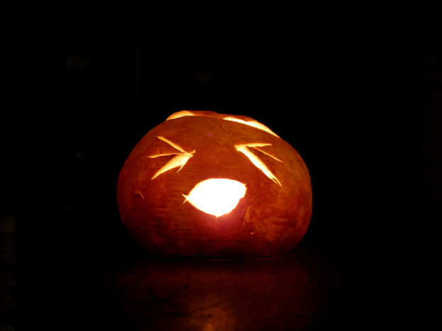 Ein Halloween-Kürbis in der Mitte eines dunklen Hintergrunds.