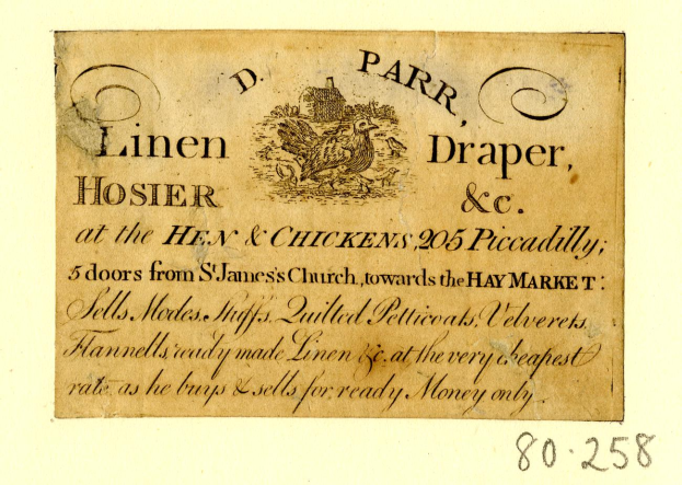 Alte Visitenkarte mit realistischem Bild einer Henne mit Federn und Schnabel, begleitet von Text.