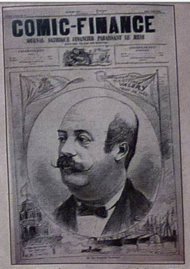 Ein ernst dreinblickender Mann mit Schnurrbart, der einen Anzug und eine Krawatte trägt, erscheint auf dem Titelblatt eines Comics mit dem Titel "Comic Finance."