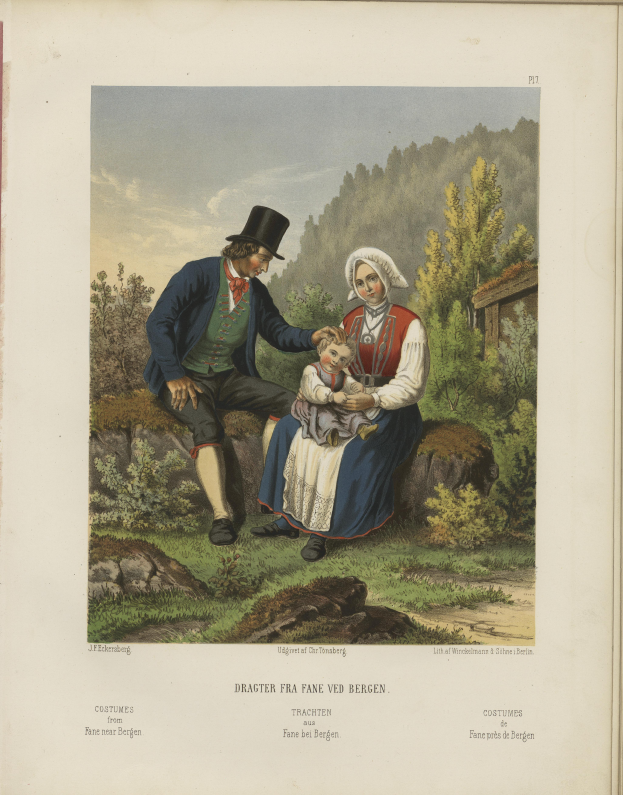 Ein altes Buch mit einer Painting eines Mannes und einer Frau auf einem Felsen sitzend, die Frau hält ein Baby, mit Bäumen und Himmel im Hintergrund und Text unten.