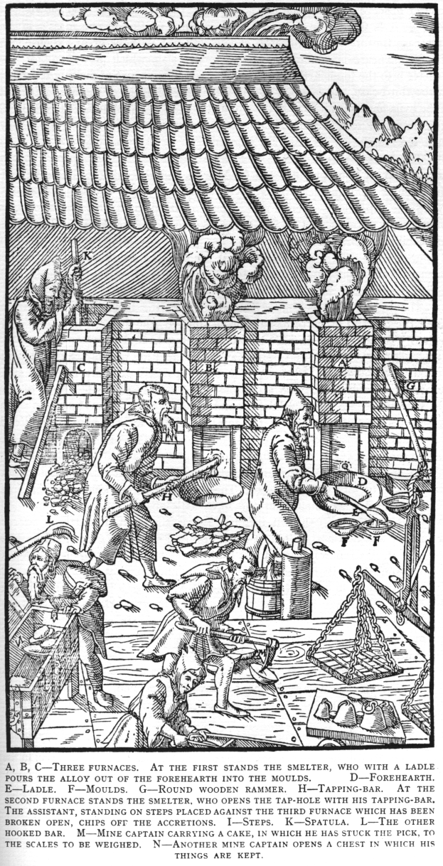 Ein Schwarz-Weiß-Zeichnung einer Gruppe von Menschen, die in einer Fabrik arbeiten, mit einem Haus im Hintergrund und einem Text unten, der lautet "A.B.C. Drei Öfen stehen am Ersten der Schmelzer".