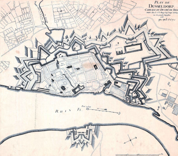 Detailierte Stadtplan-Poster von Düsseldorf, Deutschland, mit Straßen, Gebäuden und Sehenswürdigkeiten sowie zusätzlichem Text über die Bevölkerung, Geschichte und Kultur der Stadt.