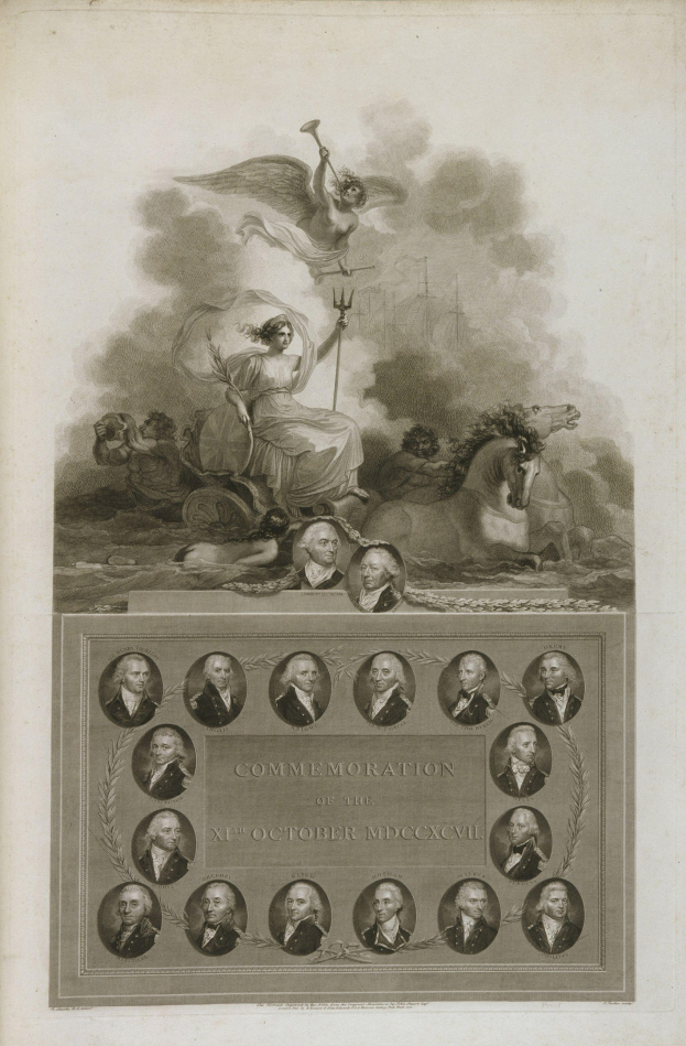 Gravur einer Frau auf einem Pferd, umgeben von einer Menge, mit Text unten, der Daten von Oktober 16. bis 97. auflistet.