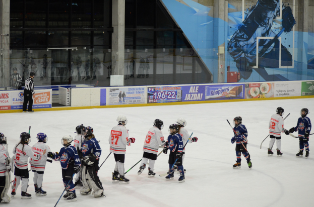 Gruppe junger Menschen, die Eisockey auf einer Indoor-Eisfläche spielen, mit Helmen und Stöcken, einer Person auf der linken Seite und Bannern, Säulen und Glaswänden im Hintergrund.