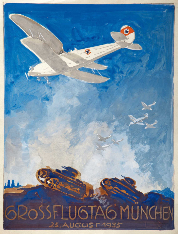Plakatankündigung für den "Großflugtag München" am 25. August 1935, das ein Flugzeug zeigt, das durch den Himmel fliegt, mit anderen Flugzeugen im Hintergrund.