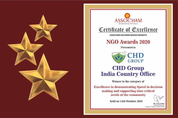 Auszeichnung der Excellence für die NGO Awards 2020 an die Chd Group India Country Office, mit einem Schild-Logo mit einem zentralen Stern und einem Lorbeerkranz.