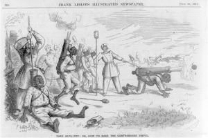 Ein Schwarz-Weiß-Cartoon von Männern in einem Feld, einige halten Gewehre und andere liegen am Boden, mit Text oben und unten: "Dunkle Artillerie oder Wie man die Schmuggelware nutzbar macht."