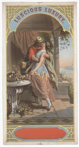 Ein Mann und eine Frau umarmen und küssen sich vor einem Tisch voller Früchte, mit einer Säule, einem Vorhang und Himmel im Hintergrund und dem Text "Lüsterne Luxus" oben und unten.