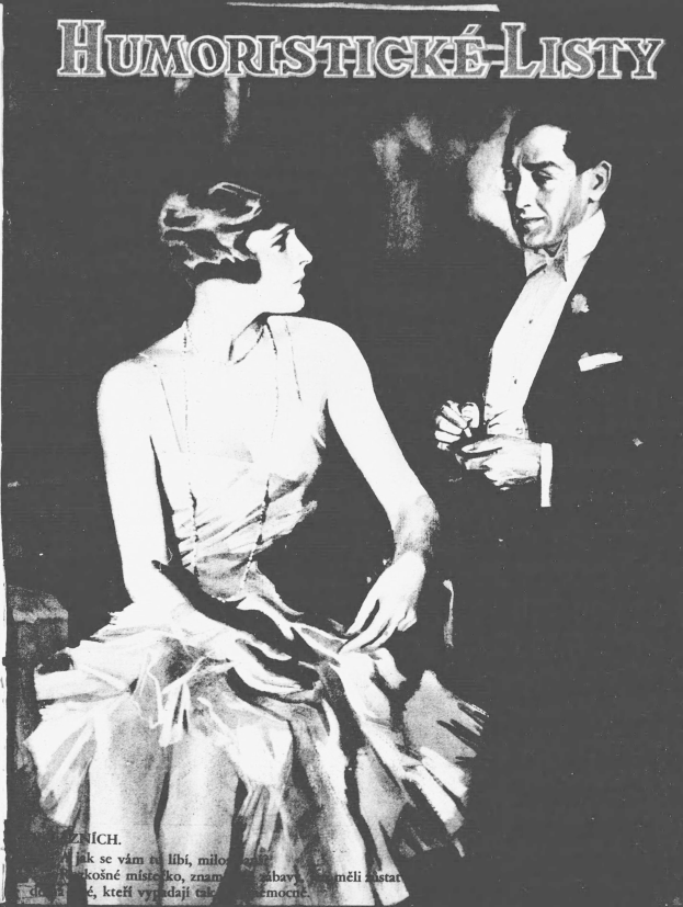 Ein Schwarz-Wei├č-Plakat f├╝r 'Humoristicke Listy' mit einem Mann und einer Frau, auf dem der Titel deutlich zu sehen ist.