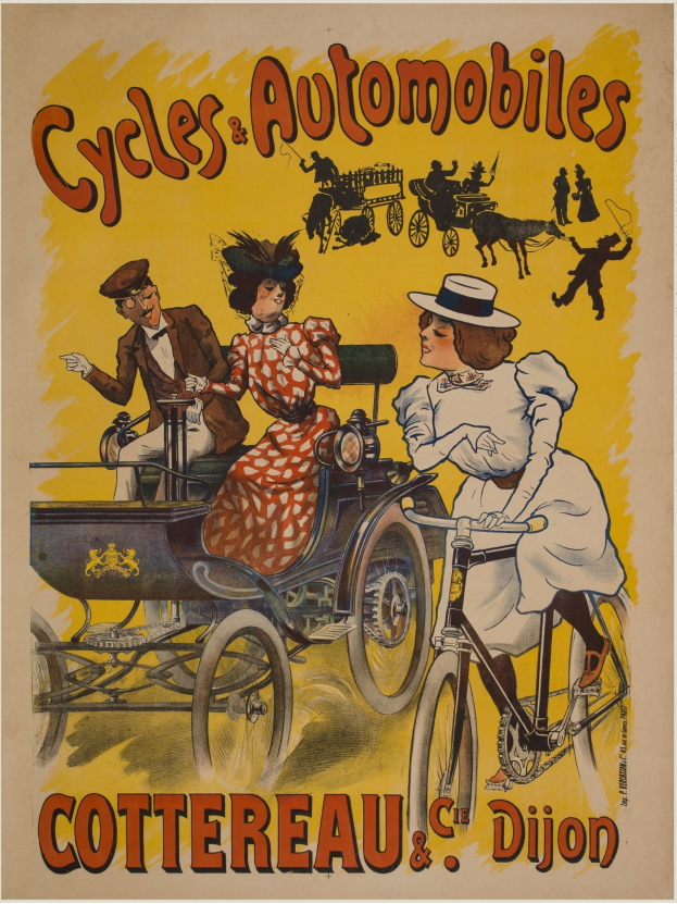 Plakat, das Fahrräder und Automobile in Cottereau und Dijon, Frankreich, ankündigt, mit Menschen, die Fahrräder fahren und eine Kutsche
