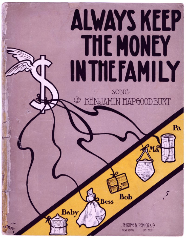 Plakat mit fetter schwarzer Schrift "Immer das Geld in der Familie behalten" auf weißem Hintergrund, das eine farbenfrohe Illustration einer strahlenden Familie von vier in legerer Kleidung zeigt, die in einem Kreis unter einem hellblauen Himmel mit weißen Wolken stehen.