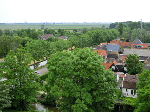 Eine Szene aus der Vorstadt mit Häusern und Bäumen, Autos auf der Straße und Türmen und einer Windmühle im Hintergrund.