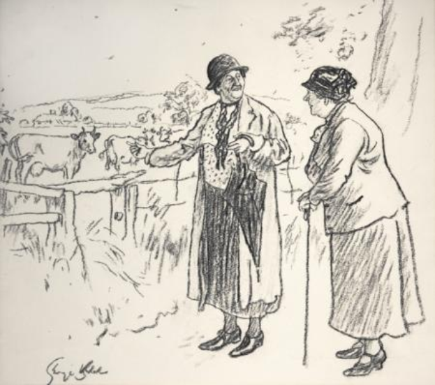 Ein Mann und eine Frau stehen zusammen auf einem Feld, der Mann hält einen Stock, mit Tieren, Bäumen und einem Zaun im Hintergrund; Text unten lautet "Die Farmersfrau von Sir Edward Burne-Jones".