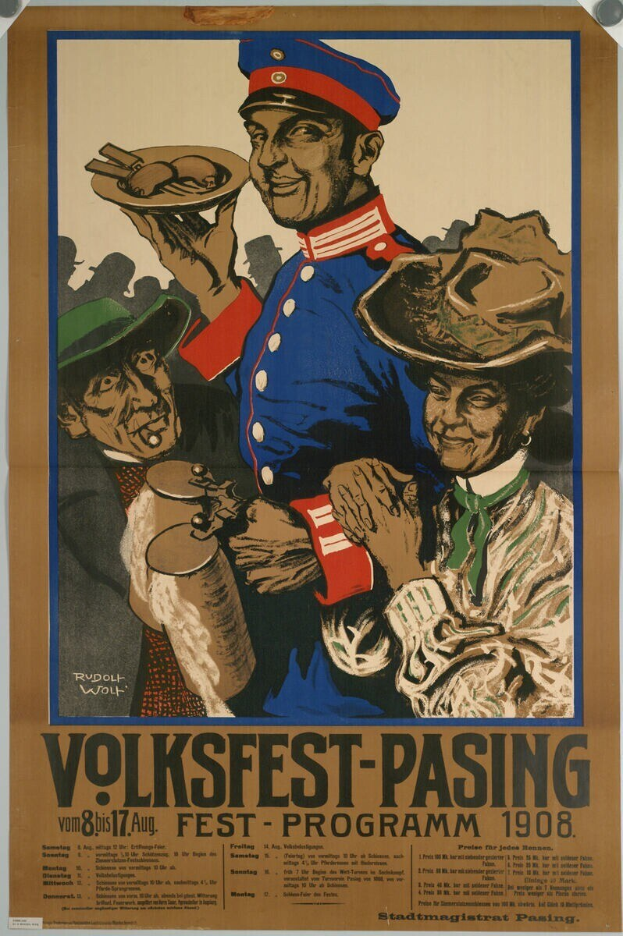 Plakat für das Volksfest-Pasing Festival 1908, das einen Mann in einem rot-weißen gestreiften Hemd und eine Frau in einem blauen Kleid zeigt, die nebeneinander stehen und vor einem hellgelben Hintergrund mit schwarzem Text zu sehen sind.