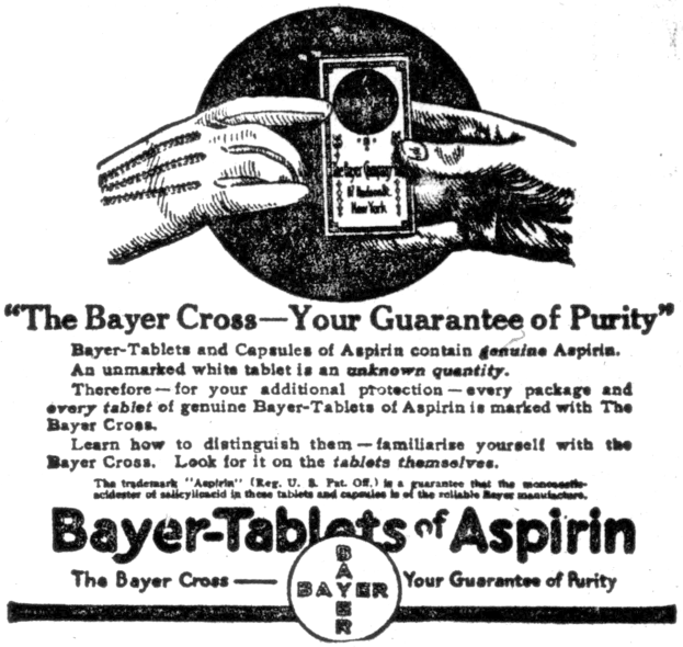 Schwarz-weiß-Plakat mit einer Hand, die Bayer-Aspirin-Tabletten hält, und dem Text "Das Bayer-Kreuz - Ihre Garantie für Reinheit" darunter.