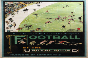 Ein Vintage-Plakat, das ein Fußballspiel bewirbt, mit der Aufschrift "Fußball unter der Erde - Humours of London Nr. 3", das eine Zuschauermenge in einem Stadion zeigt.