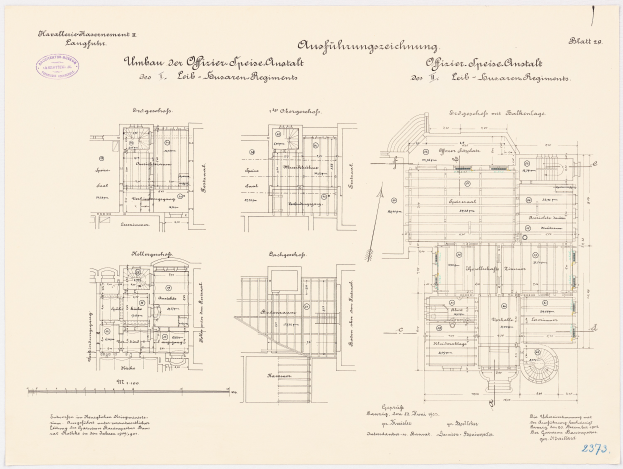 Ein detailliertes Grundriss-Zeichnung des ehemaligen Arbeitszimmers des deutschen Bundeskanzlers, das den Aufbau des Gebäudes mit verschiedenen Räumen und Textanmerkungen zeigt.