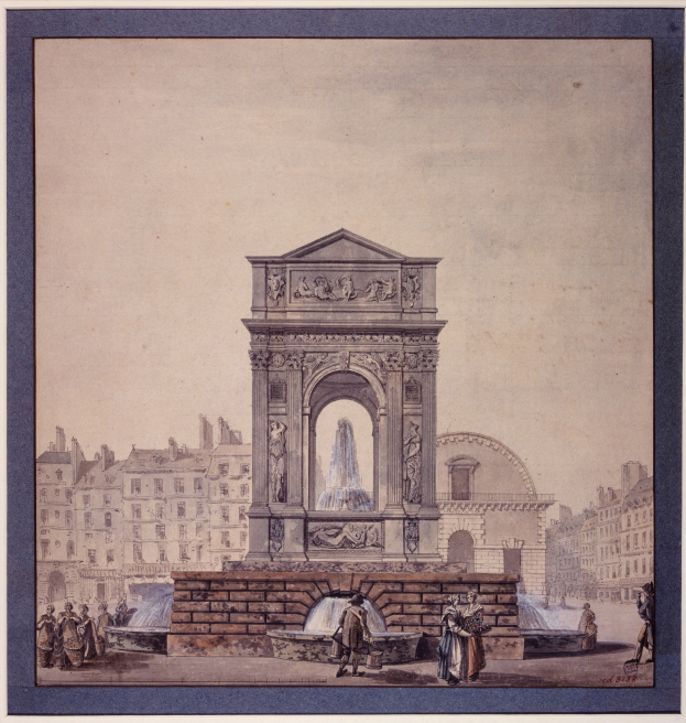 Ein gerahmtes Bild einer Brunnenanlage inmitten eines Stadtplatzes, umgeben von Gebäuden und Menschen, im klassischen Stil dargestellt.