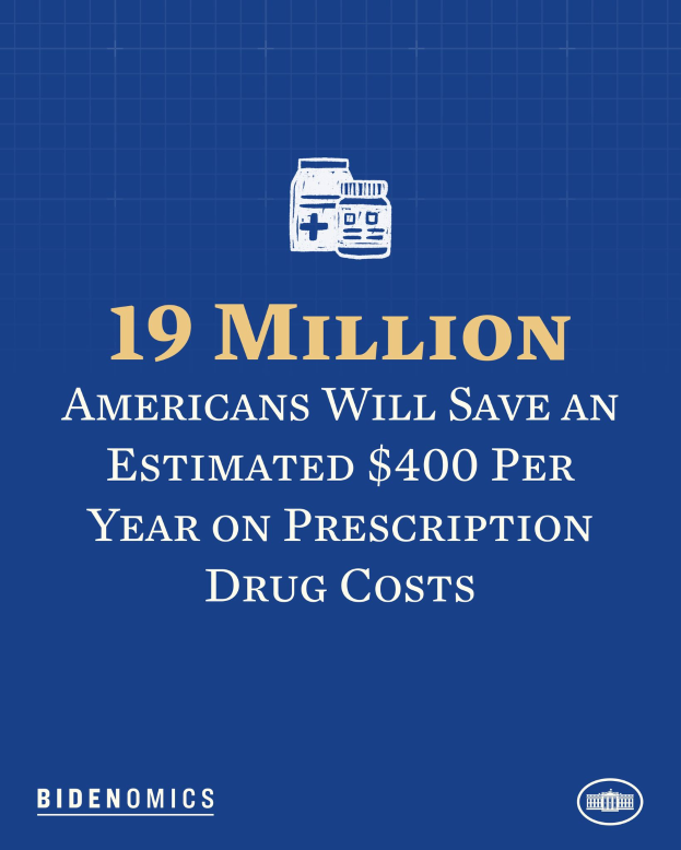 Ein blauer Hintergrund mit weißer Schrift und einem Logo, auf dem steht: '19 Millionen Amerikaner werden geschätzt jährlich 400 USD an Arzneikosten sparen'.