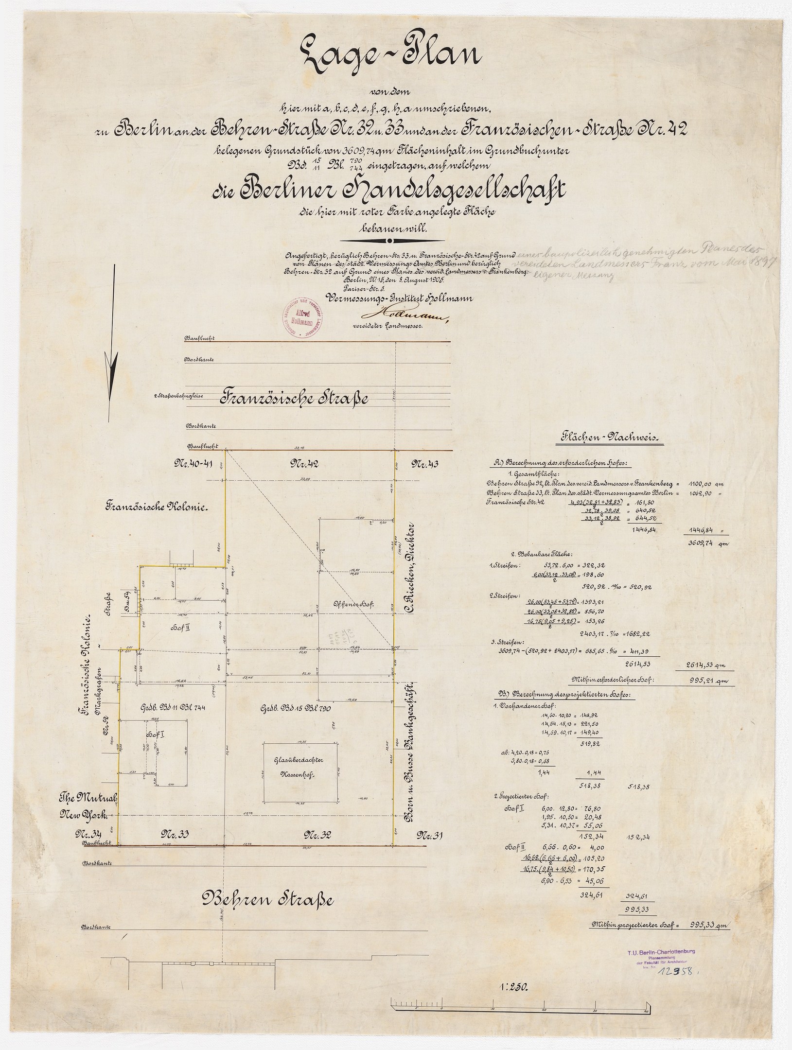 Schwarz-weißer architectural plan of the Berliner Handelagellachaft with handwritten text and a stamp on the left margin.
