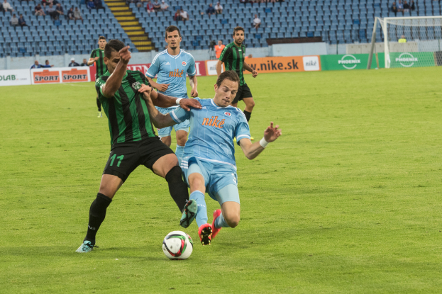 Menschen beim Spiel auf einem grünen Feld mit einem Ball, Netz und Absperrungen, während das Publikum von Stadionstühlen im Hintergrund zuschaut.
