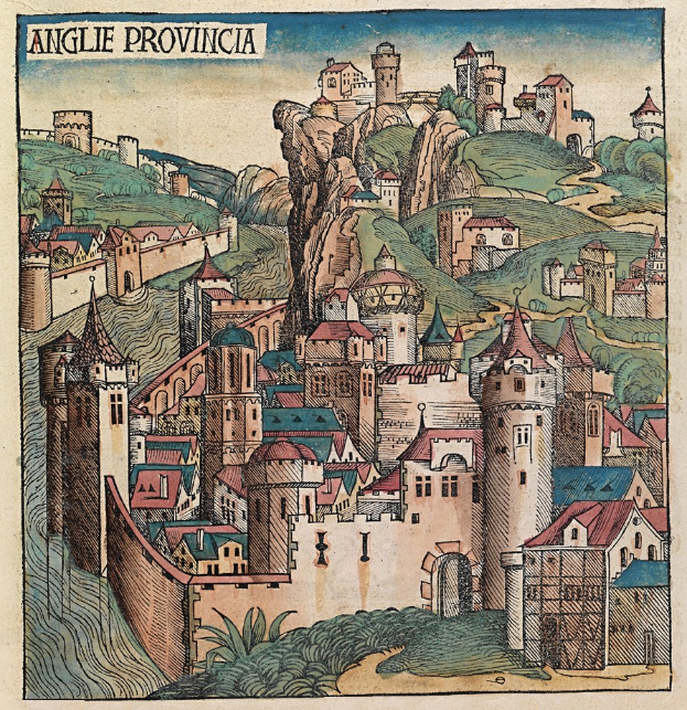 Mittelalterliche Stadtgravur mit einem Hügelburg, umgeben von Gebäuden, Bäumen und Himmel, mit Text oben.