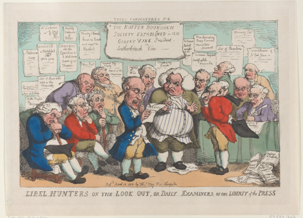 Eine Karikatur einer Gruppe von Menschen, die um einen Tisch sitzen und Papiere in der Hand halten, mit der Überschrift "Libel Hunters on the Look Out, or Daily Examiners of the Liberty of the Press".