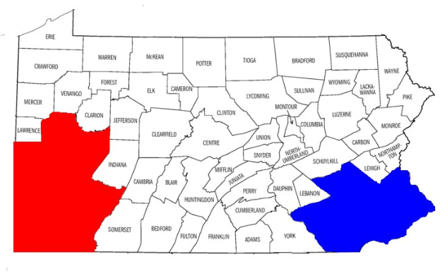 Eine Karte von Pennsylvania, die Wahlergebnisse zeigt, mit Landkreisen in rot und blau markiert, beschriftet mit "Pennsylvania Wahlergebnisse."