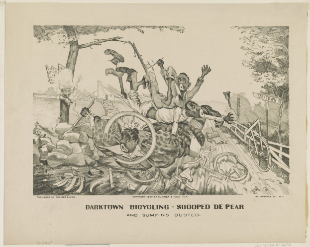 Eine Zeichnung auf Papier zeigt eine Gruppe von besorgten Menschen, die ein leuchtend gelbes Fahrrad unter einem dunklen blauen Himmel mit Wolken fahren, begleitet von einem Text, der "darktown bicycling - scooped de pear and sumfins busted" lautet.