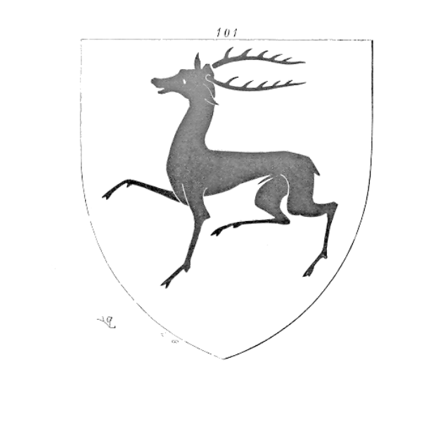 Eine schwarz-weiße Zeichnung eines stehenden Hirschs mit erhobenem Geweih auf einem Schild mit Sternen und Streifen, darüber die Aufschrift "Deutscher Staat", darstellend das Wappen von Bayern.