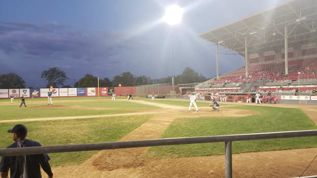 Baseball-Spiel in einem Stadion mit Zuschauern auf den Rängen, Bäumen, Masten, Lichtern, Werbetafeln und einem klaren blauen Himmel im Hintergrund.