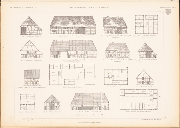 Ein offenes altes Buch zeigt detaillierte Architekturpläne und -zeichnungen verschiedener Hausentwürfe auf seinen Seiten.