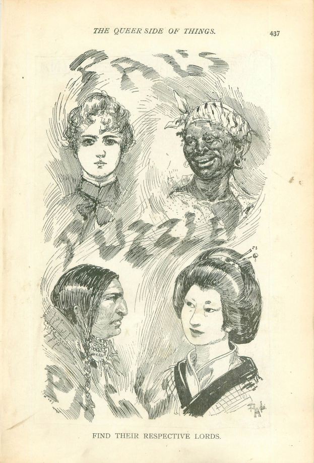 Ein altes Buch mit einer Zeichnung von vier Frauenköpfen und dem Text 'Die queere Seite der Dinge'.