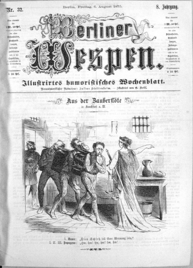 Schwarze und weiße Zeitungsausschnitt mit der ├ťberschrift "Berliner Wespen, 6. August 1875" zeigt eine besorgte Gruppe von Menschen, einige schauen nach oben in Furcht und andere nach unten in Verwirrung.