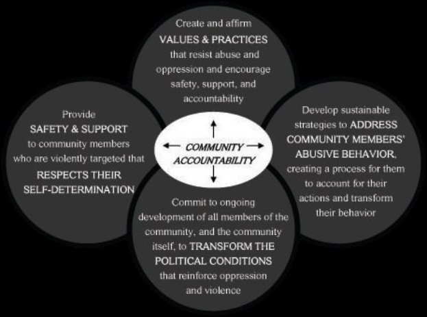 Ein Diagramm mit der Überschrift "Gemeinschaftliche Rechenschaftspflicht" und einem zentralen Kreis, der durch Pfeile mit drei überlappenden Kreisen verbunden ist, alle in kräftigen, leuchtenden Farben.