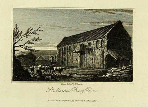 Eine Gravur von St. Martins Priorat, Dyer, mit einem Haus, Bäumen, Tieren und einem Himmel im Hintergrund und Text unten.