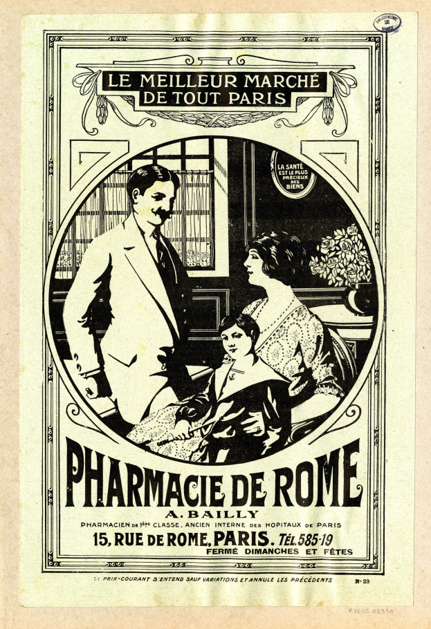 Schwarz-weiß-Anzeige für eine Apotheke in Rom, die einen Mann und eine Frau Seite an Seite zeigt, mit Text, der die Dienstleistungen beschreibt.