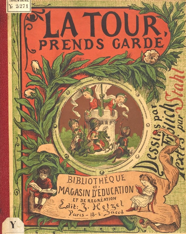 Buchumschlag mit dem Titel "La Tour Prends Garde", der Kinder zeigt, die in einem üppigen Garten mit grünen Blättern und bunten Blumen spielen und lachen.