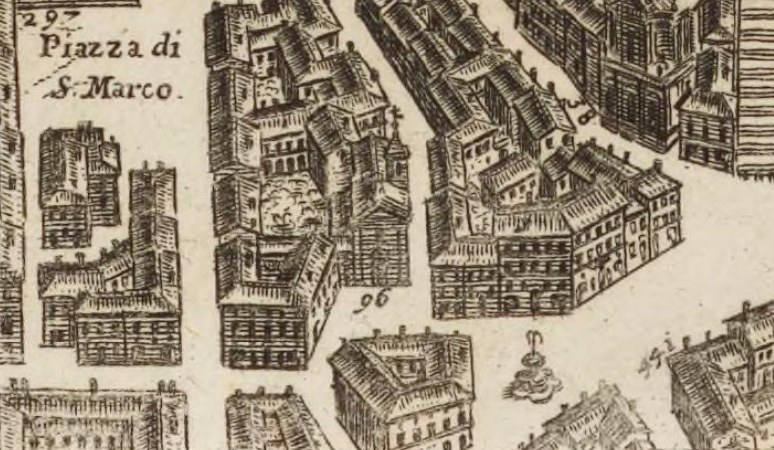 Eine handgezeichnete Stadtansicht mit mehreren Gebäuden in verschiedenen Architekturstilen, begleitet von handgeschriebenem Text auf demselben Papier.