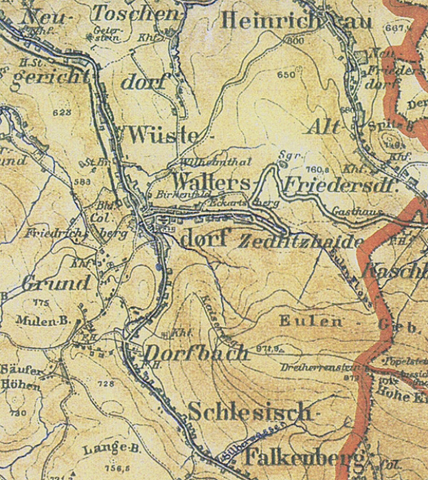 Ein detaillierter alter Stadtplan von Schlesisch, Deutschland, der die Schlacht von Wallers-Friedersdorf mit Text und Zahlen hervorhebt und Straßen, Gebäude und andere Gebietselemente zeigt.