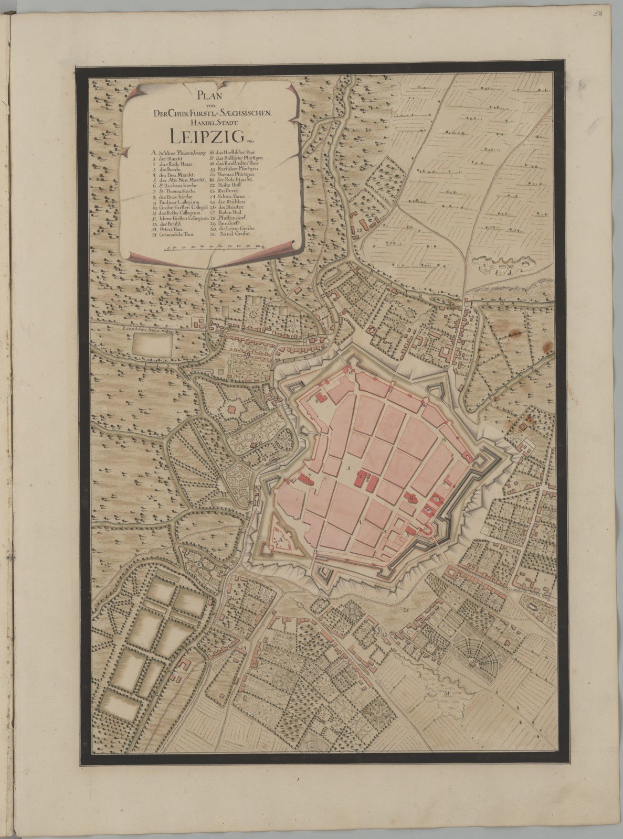 Ein detaillierter Stadtplan von Leipzig, Deutschland, aus einem alten Buch, der Straßen, Gebäude und Sehenswürdigkeiten zeigt.