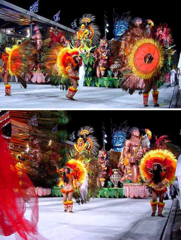 Ein Collage-Bild mit Menschen bei einer Vorstellung, einer Statue und einem Gebäude.