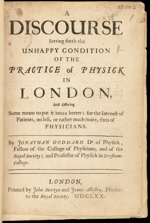 Offenes Buch mit dem Titel 'Eine Abhandlung über den unglücklichen Zustand der Praxis der Medizin in London' zeigt eine Seite mit schwarzer Tinte.