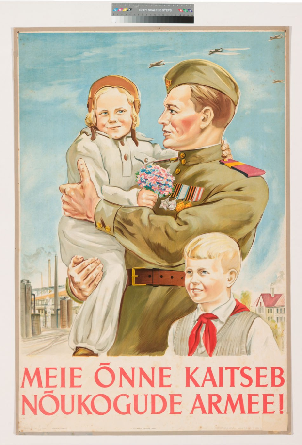 Polnischer Weltkriegs-Propagandaplakat, das einen Mann zeigt, der ein Kind hält und darunter Text steht.